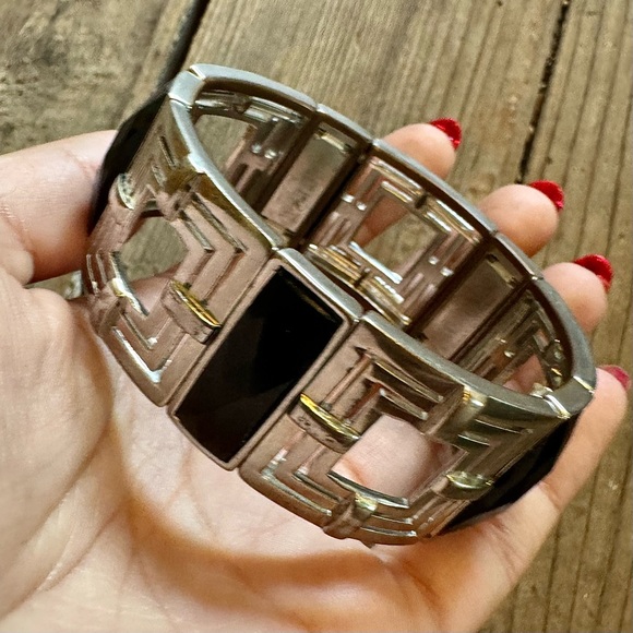 Vintage 🖤 Black & Silver Tone Square Stretch Bracelet Faux Onyx Chunky Art Deco - Picture 7 of 8